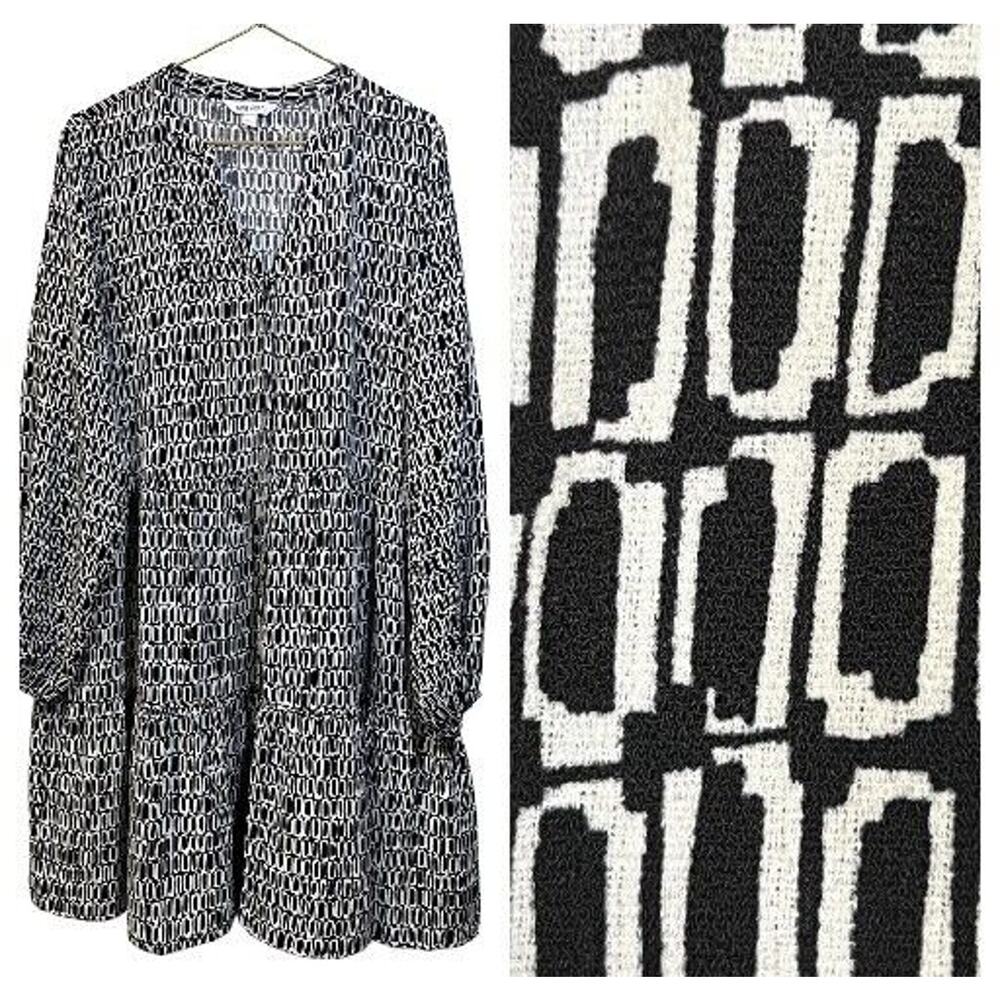 Nine West Womens LARGE Button Front Dress Tiered Black White Geometric Short NEW